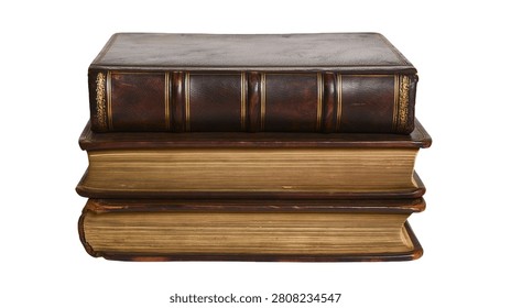 Stack of three antique leather bound books with gold leaf detailing