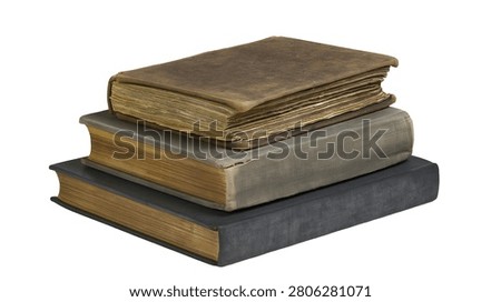 Stack of three antique vintage books with worn leather covers and aged paper pages