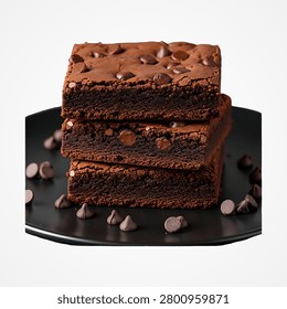 Stack of three chocolate chip brownies on a black plate