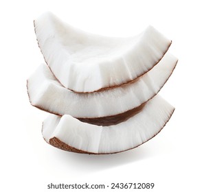 Stack of three fresh coconut pieces or slices isolated on white background