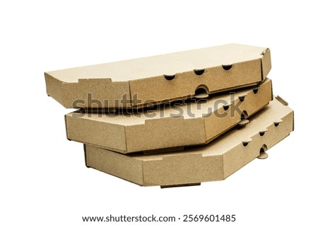 A stack of three plain brown cardboard pizza boxes are designed to hold individual pizza slices.