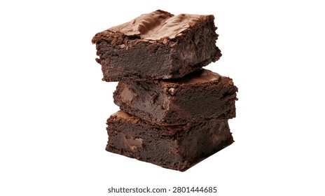 Stack of three rich dark chocolate fudge brownies with crispy crust