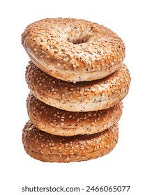 A stack of three sesame-seeded bagels isolated on a white background displays a tempting bakery item.