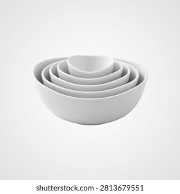 Stack of three white ceramic bowls with smooth glaze on white background