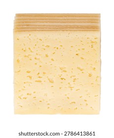 Stack of Tilsit cheese slices from above. Also called Tilsiter cheese, a pale yellow semihard smear-ripened cheese with medium-firm texture and with irregular holes or cracks. Isolated close-up. Photo