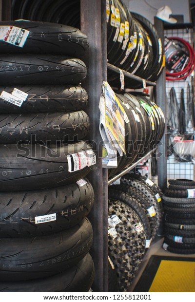 Stack Tires Local Tire Shop Towers Stock Photo Edit Now 1255812001