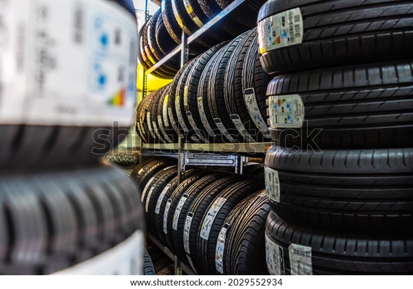 Stack of tires in tire\
shop