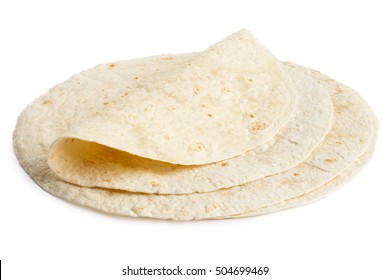 Stack Of Tortilla Wraps And One Folded Wrap Isolated On White.