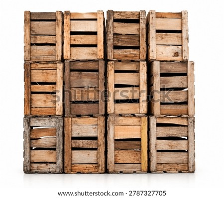 Stack of twelve rustic wooden crates isolated on white background for storage and shipping