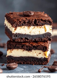 A stack of two brownie bars with a layer of cream cheese frosting in the middle. A coffee bean sits on top of one brownie, and some coffee beans are scattered around the base.