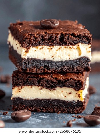 A stack of two brownie bars with a layer of cream cheese frosting in the middle. A coffee bean sits on top of one brownie, and some coffee beans are scattered around the base.