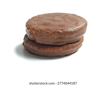 ​A stack of two chocolate-coated round biscuits isolated on a white background