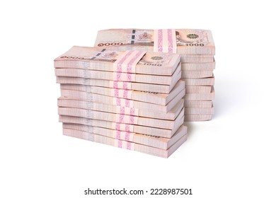 Stack of two million thai baht banknote money isolated on white background. - Shutterstock ID 2228987501