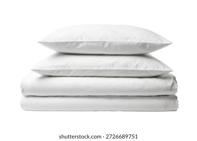 Stack of two white pillows and two folded bed linens on white background