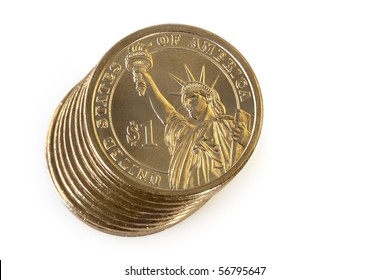 Stack Of US $1 Coins, Isolated On White.  Overhead View.