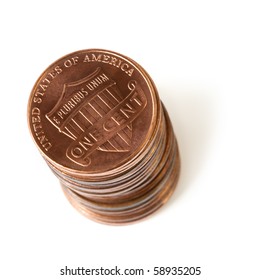 Stack Of US One Cent Coins, Isolated On White With Soft Shadow.  Overhad View.