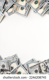 Stack of US paper currency. Dollars closeup concept. American Dollars cash money. One hundred dollar banknotes. Top view. Space for text. Negative space. Banknotes top and bottom