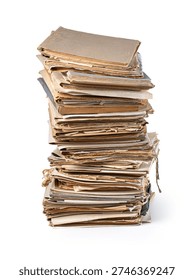 Stack of various aged files and brown papers representing history