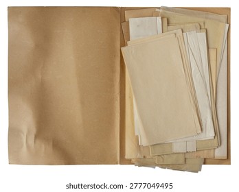 Stack of vintage blank paper sheets and envelopes on brown kraft folder, top view, isolated on white