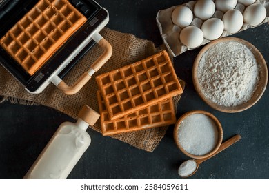 Stack of waffles with ingredients, including sugar, milk, and eggs, on a dark rustic surface. Waffle iron and wooden background create a cozy, warm kitchen atmosphere.