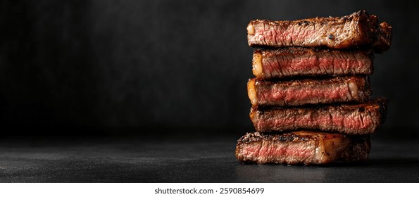 A stack of well-done and seared medium-rare steaks on a dark background