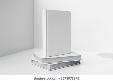 Stack of White Blank Books Displayed on Minimalist Background For Mockup
