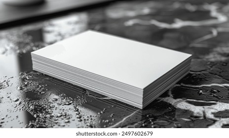 A stack of white business cards sits on a marble countertop. The cards are all the same size and shape, and they are all blank. Concept of professionalism and formality