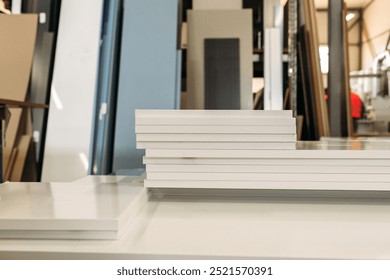 A stack of white cabinet doors sits on a table in a furniture production facility, waiting to be assembled into cabinets. - Powered by Shutterstock