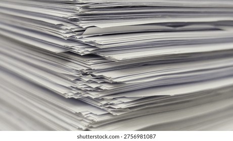 Stack of white paper sheets in close-up view, document pile representing office work, paperwork, documentation and business workload concept.