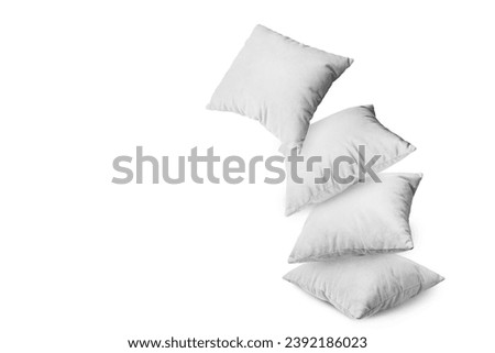 Stack of white pillows isolated on white background. Pile of  decorative cushions for sleeping and resting, home interior, house decor.