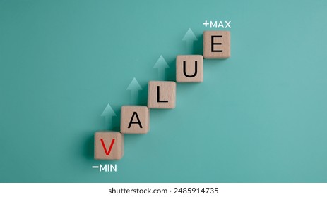 A stack of wooden blocks with the word value written on them. The blocks are arranged in a staircase pattern, with the word value at the top and the word min at the bottom