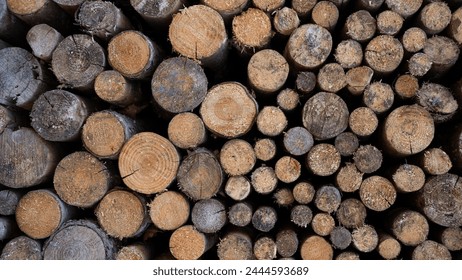 Stack of wooden stumps, tree trunks in cross-section texture wall wallpaper background - Wood storage, woods firewood hardwood timber forest long wide panorama banner pattern	