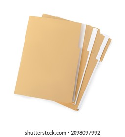 Stack of yellow files with documents on white background, top view