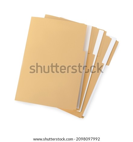 Stack of yellow files with documents on white background, top view