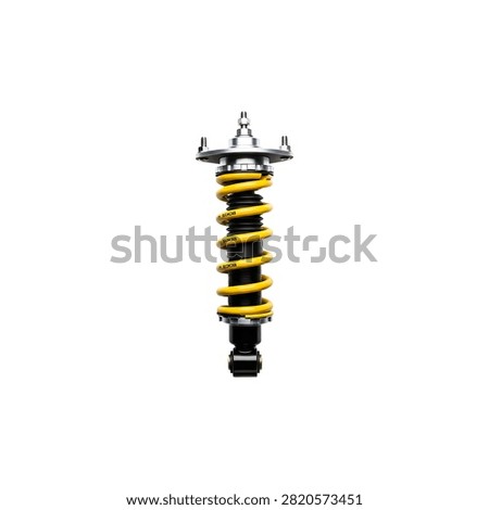 Stack of yellow metal washers with silver bolt and transparent background, yellow washers