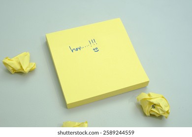 Stack of yellow sticky notes surrounded by several crumpled pieces of paper on a clean, light surface, representing brainstorming, creativity, problem-solving, and the process of working through ideas