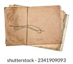 Stack of yellowed and dirty old antique letters and envelopes, tied with string isolated on white background.