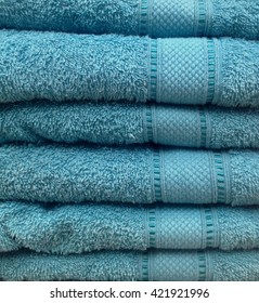Stacked of blue towel, close up view