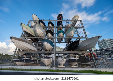 Stacked Boats On Storage Racks In Dinner Key In Coconut Grove, Florida.