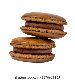 Stacked Chocolate Macarons: A delightful stack of exquisitely crafted chocolate macarons with rich, velvety filling, offering a tantalizing treat.