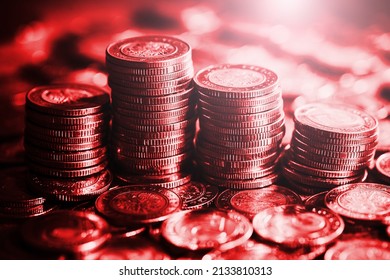 Stacked coins background. Money saving texture. Pile of cash profit pattern. Growing earnings design. Polish zloty currency. Polish currency crisis. PLN Zloty currency low background.