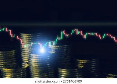 Stacked coins with falling candlestick chart illustrating financial loss, market volatility, economic downturn, risk management, and declining investment performance in global trading environment.