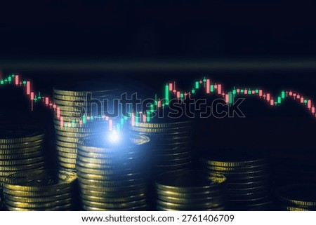 Stacked coins with falling candlestick chart illustrating financial loss, market volatility, economic downturn, risk management, and declining investment performance in global trading environment.