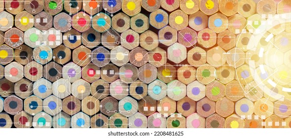 Stacked of crayons with Business global internet connection application technology, Plan and strategy. Concept of digital marketing media background.