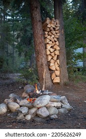 Stacked Firewood Between Two Trees With Stone Fire Pit In Front