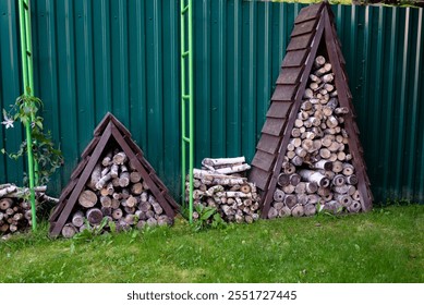 Stacked firewood neatly arranged in a wooden shelter against a green metal fence in a garden. Concept of outdoor storage and preparation - Powered by Shutterstock