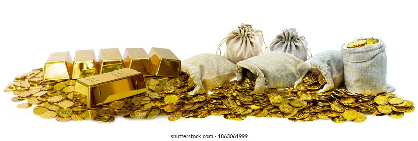 A Lot Of Stacked Gold Bullion Bars And Gold Coins In A Treasure Sack On A White Background