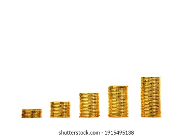 Stacked Gold Coin With Growing Value With Clipping Path And Copy Space On White Background, Loan And Financial Business Investment To Future And Fund Concept.