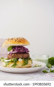 Stacked Lamb Burger With Feta And Rocket Salad, Stacked Burger That Is Super Tasty