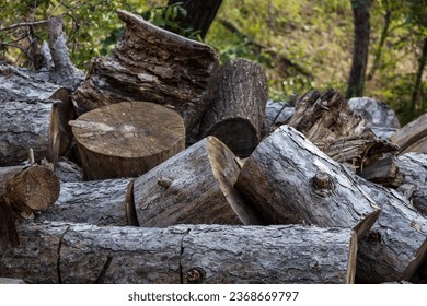 Stacked logs. A pile of stacked firewood, prepared for heating the house, Firewood harvested for heating in winter, Firewood stacked and prepared for winter Pile of wood logs. - Powered by Shutterstock